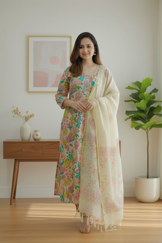 Multicolor Women's Beige Floral Kurta Pant & Dupatta Set