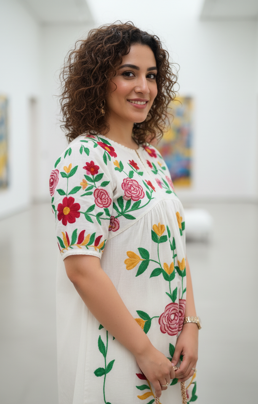 Off-white Embroidery Cotton Co-Ord Set with Bellbottom Pant