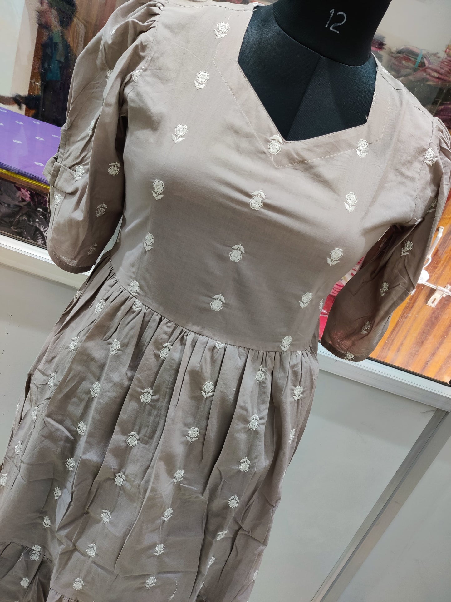 Gray Floral Midi Cotton Casual Dresses for women