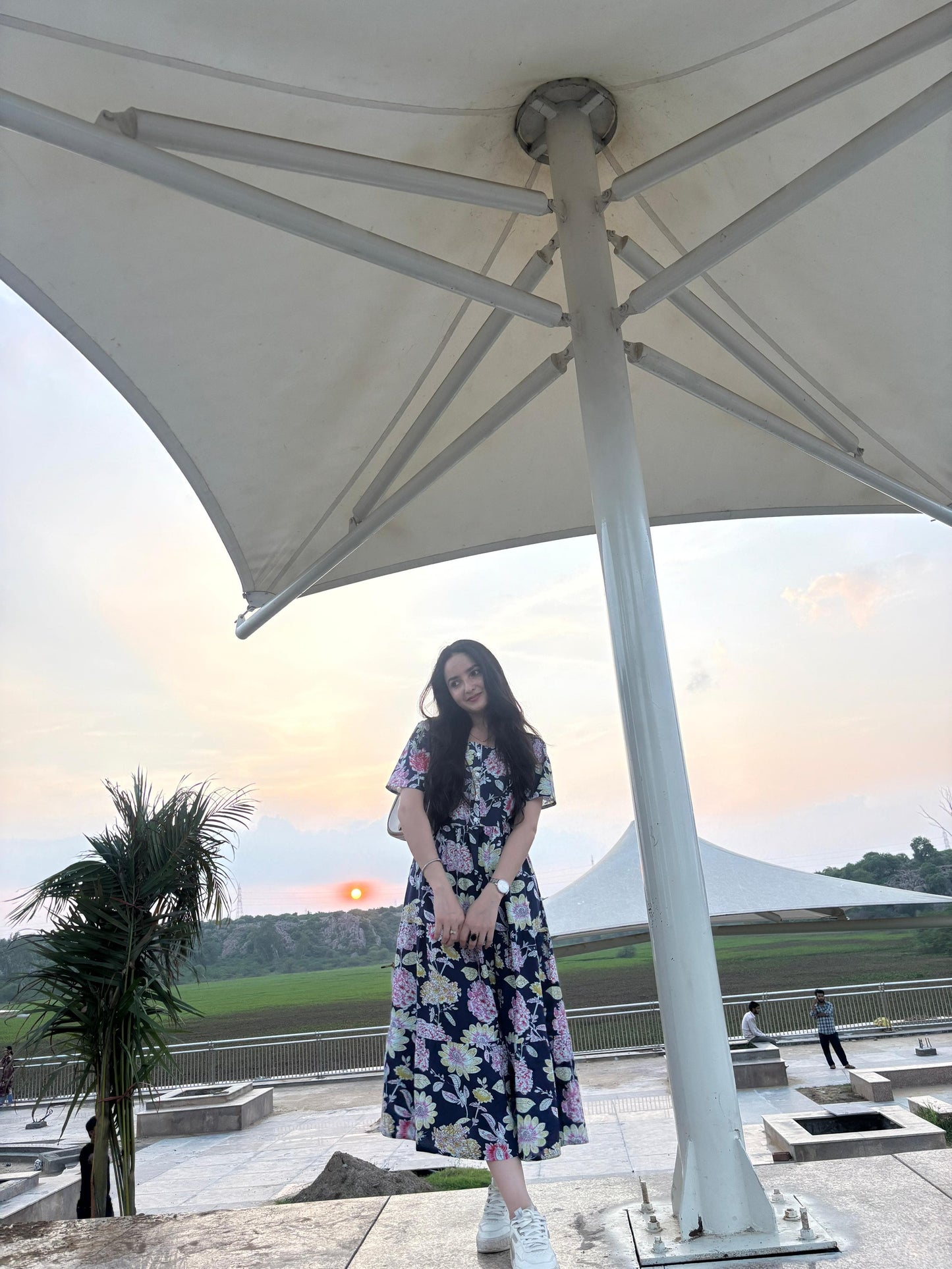 New Floral Blue Midi Cotton Casual Dresses for Womens