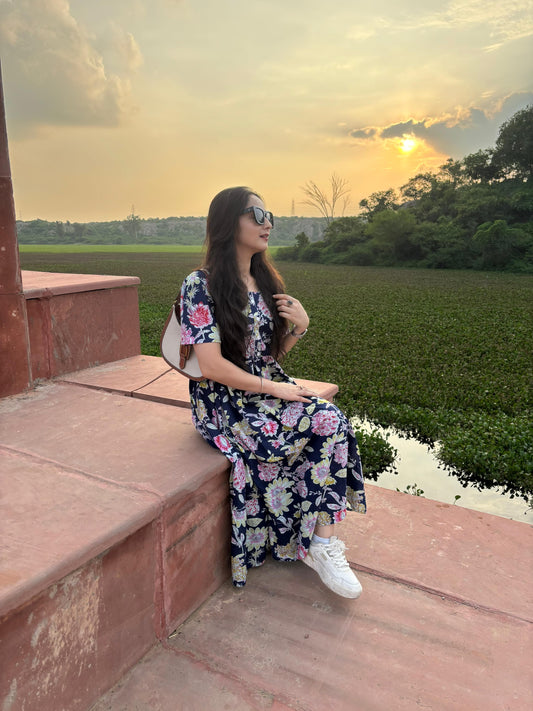 New Floral Blue Midi Cotton Casual Dresses for Womens