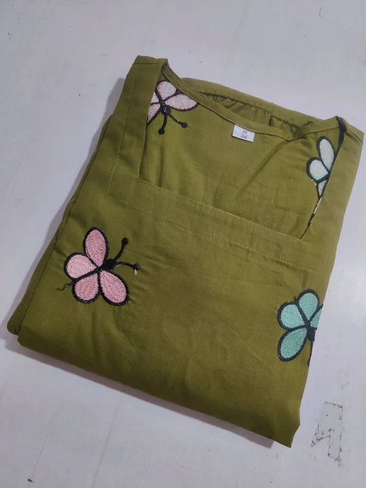 Olive Green Butterfly Embroidered Cotton Dress