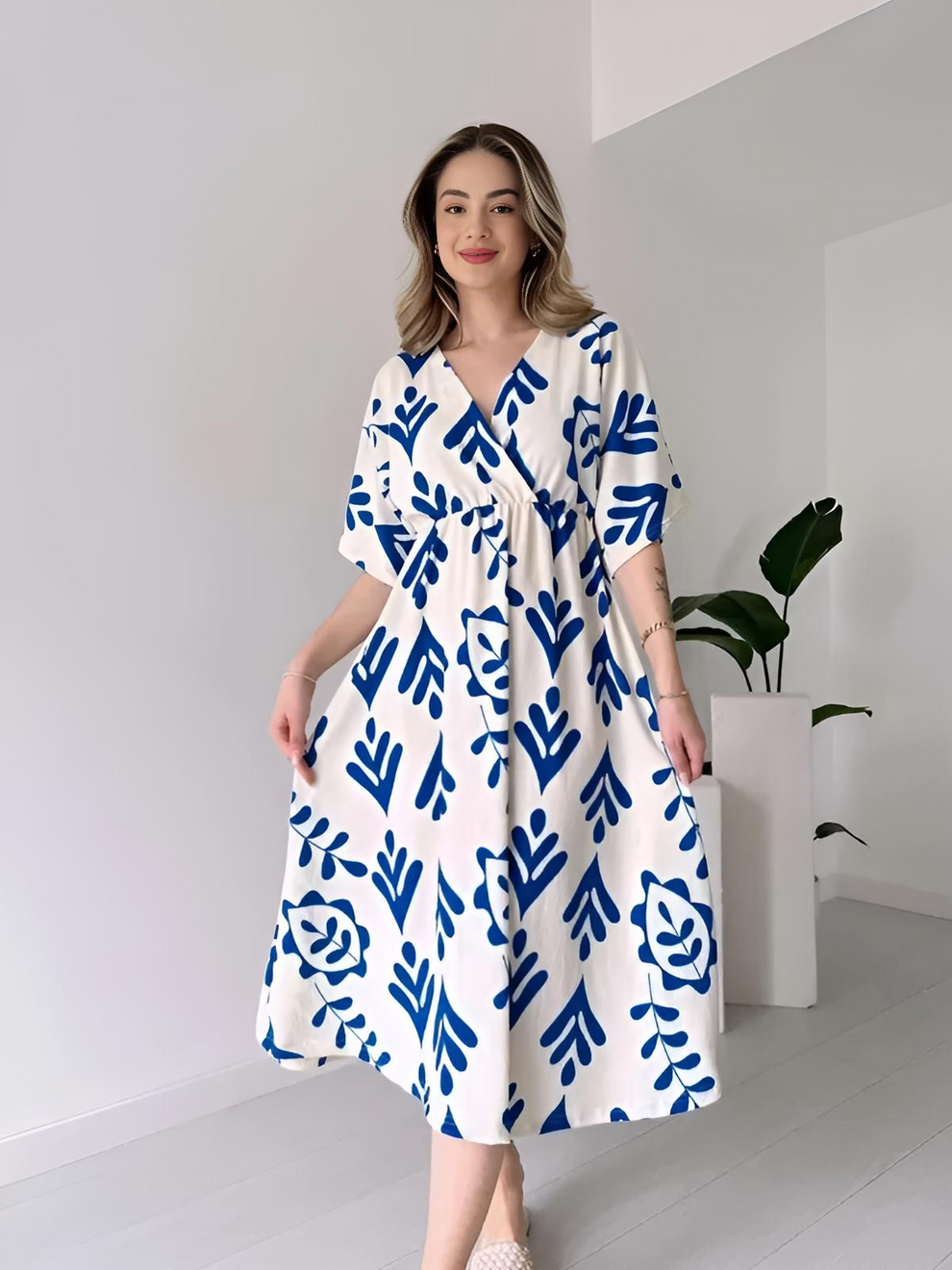 White And Blue Floral Midi Cotton Casual Dresses for women