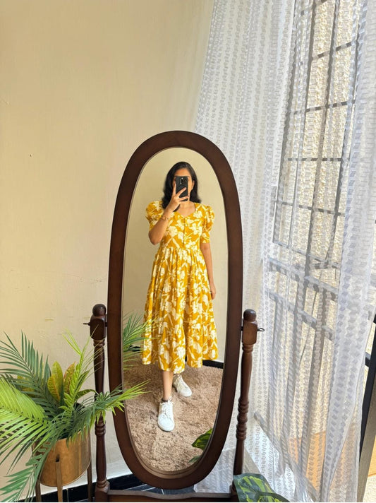 Mustard Yellow White Floral Printed Cotton Midi Dress