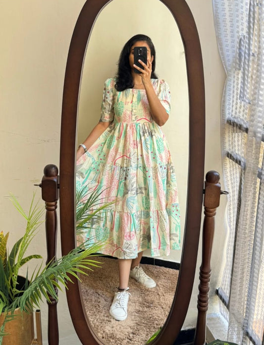 Pastel Multicolour Printed Cotton A-Line Midi Dress