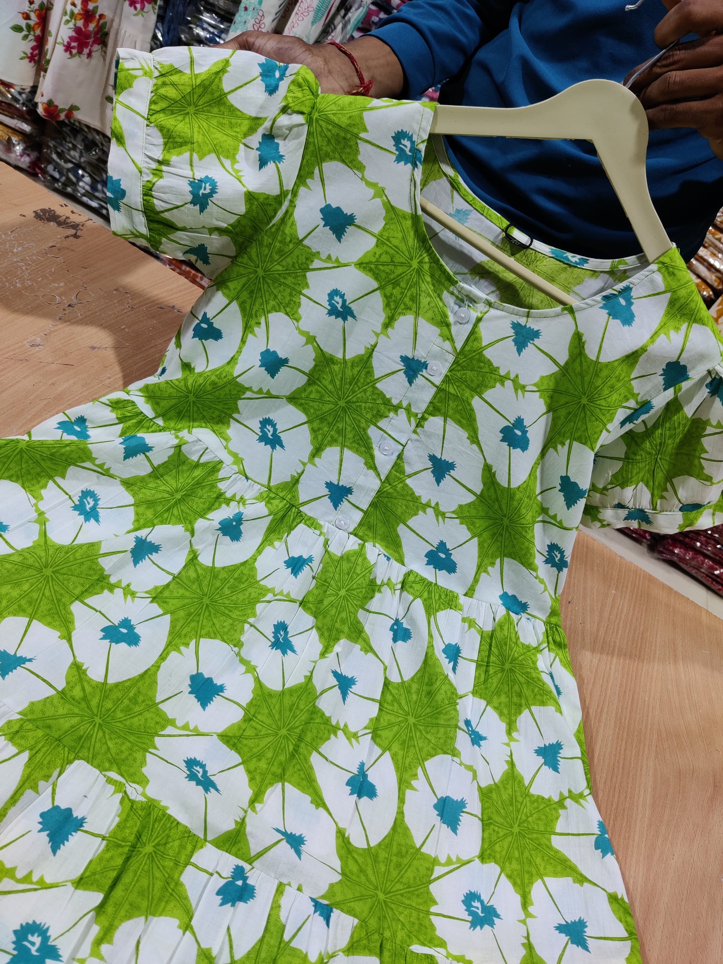 Lime Green White Floral Printed Cotton Midi Dress