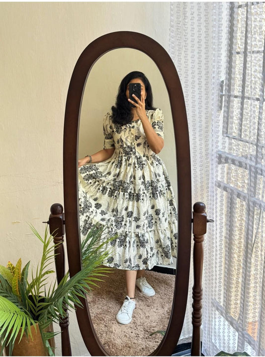 Ivory Black Floral Printed Cotton Midi Dress