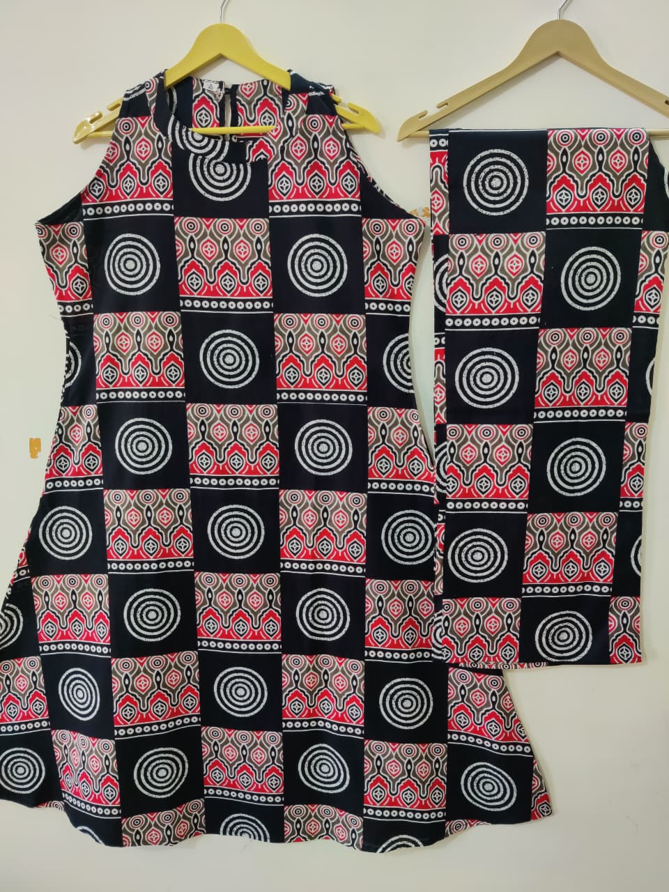 Black Red Geometric Print A-Line Kurta Palazzo Set