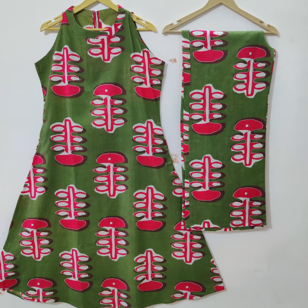 Olive Green Halter Neck Block Print Kurta Pant Set