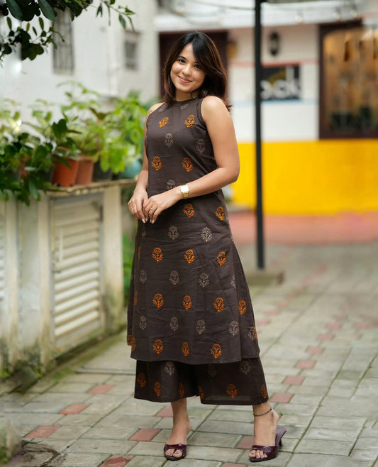 Brown Halter Neck Block Print Kurta Pant Set