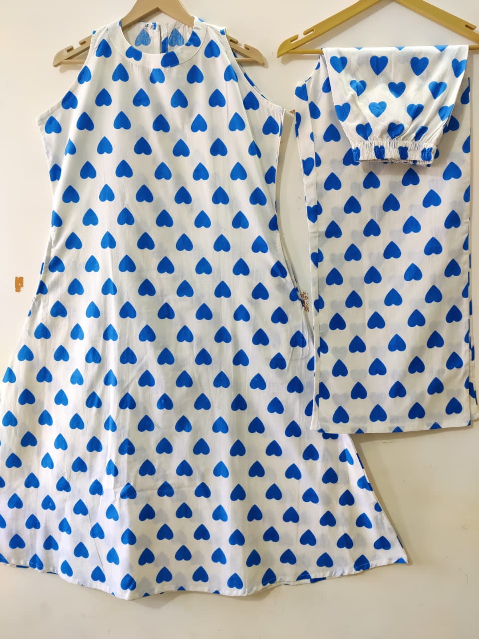 White Blue Heart Print A-Line Kurta Palazzo Set