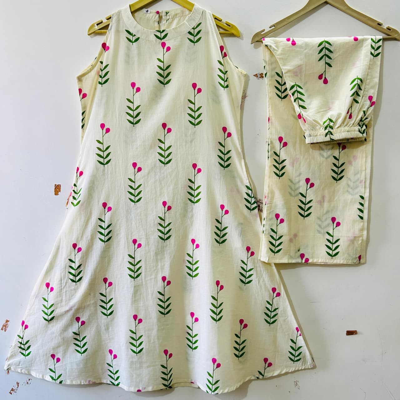 Ivory Floral Print A-Line Kurta Palazzo Set