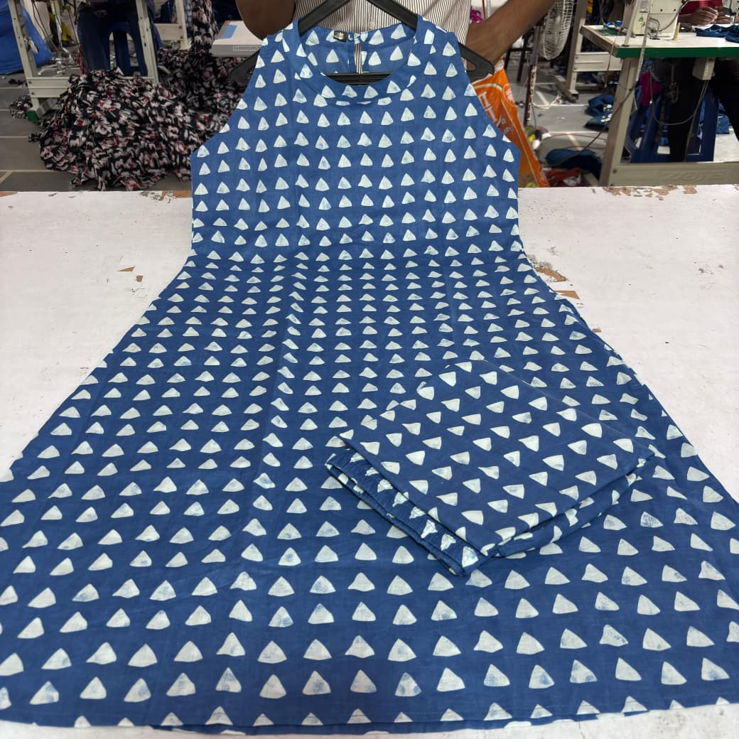 Navy Blue Halter Neck Printed A-Line Kurta Palazzo Set