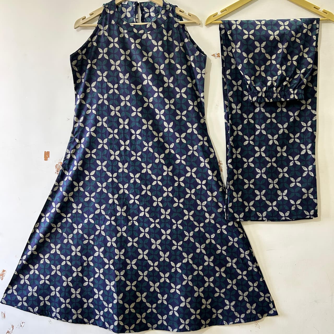 Navy Blue Leaf Print A-Line Kurta Palazzo Set