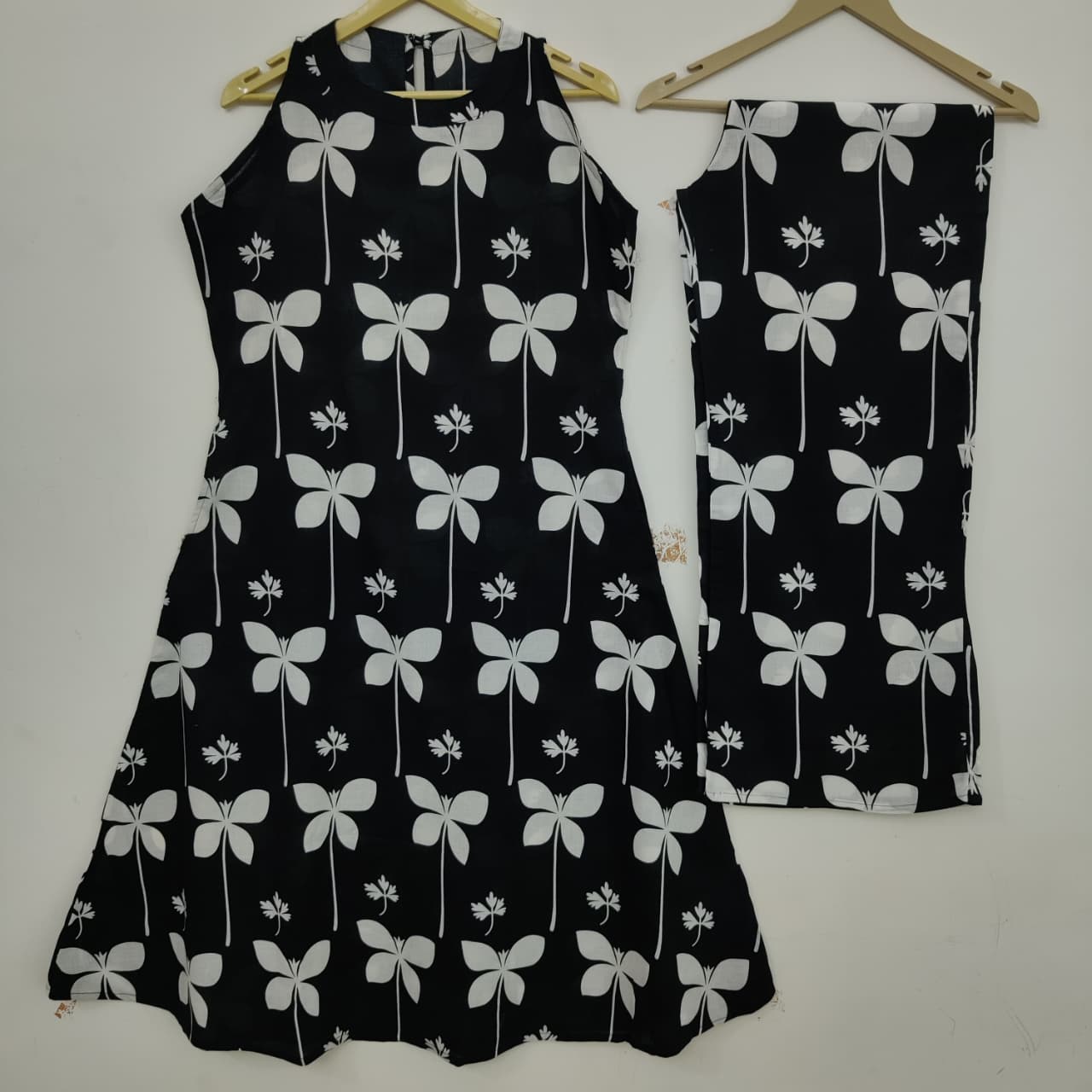 Black White Floral Halter Neck A-Line Kurta Palazzo Set