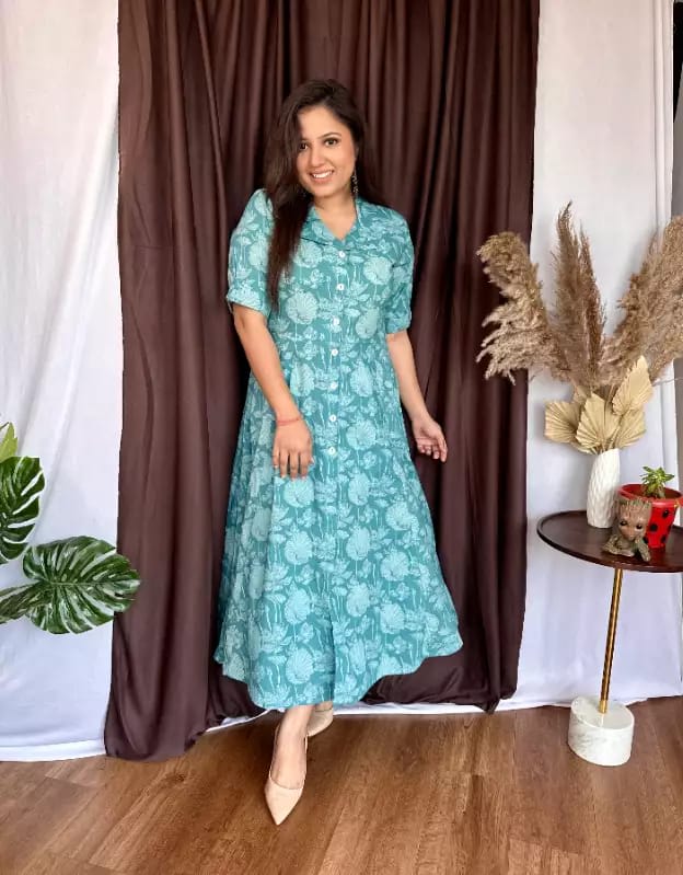 Blue Cotton V-Neck Short Sleeves Printed Anarkali Midy Gown for women