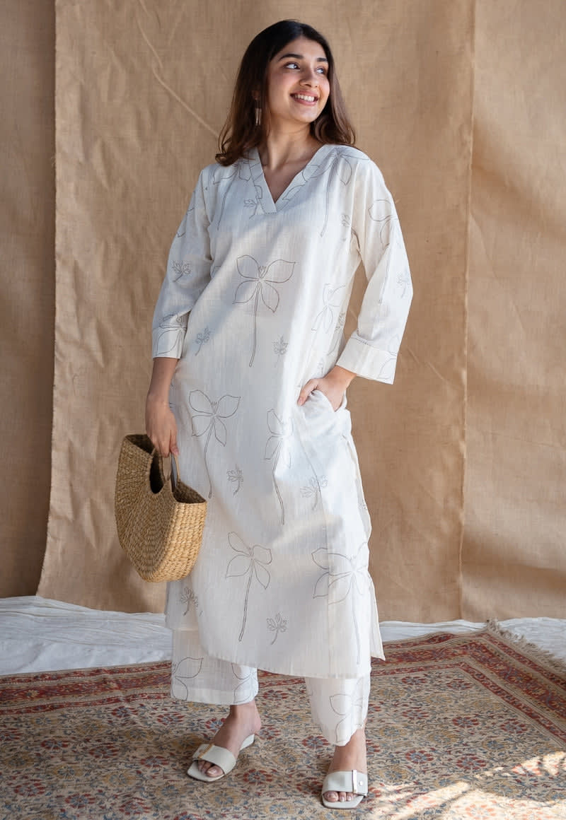 Women's Cotton White Floral Print Co-Ords Set