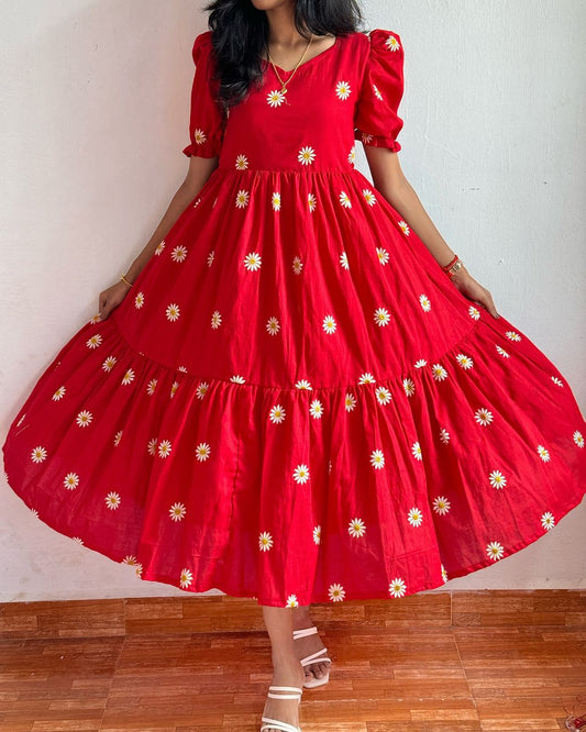 Red Midi Cotton Casual Dress for women