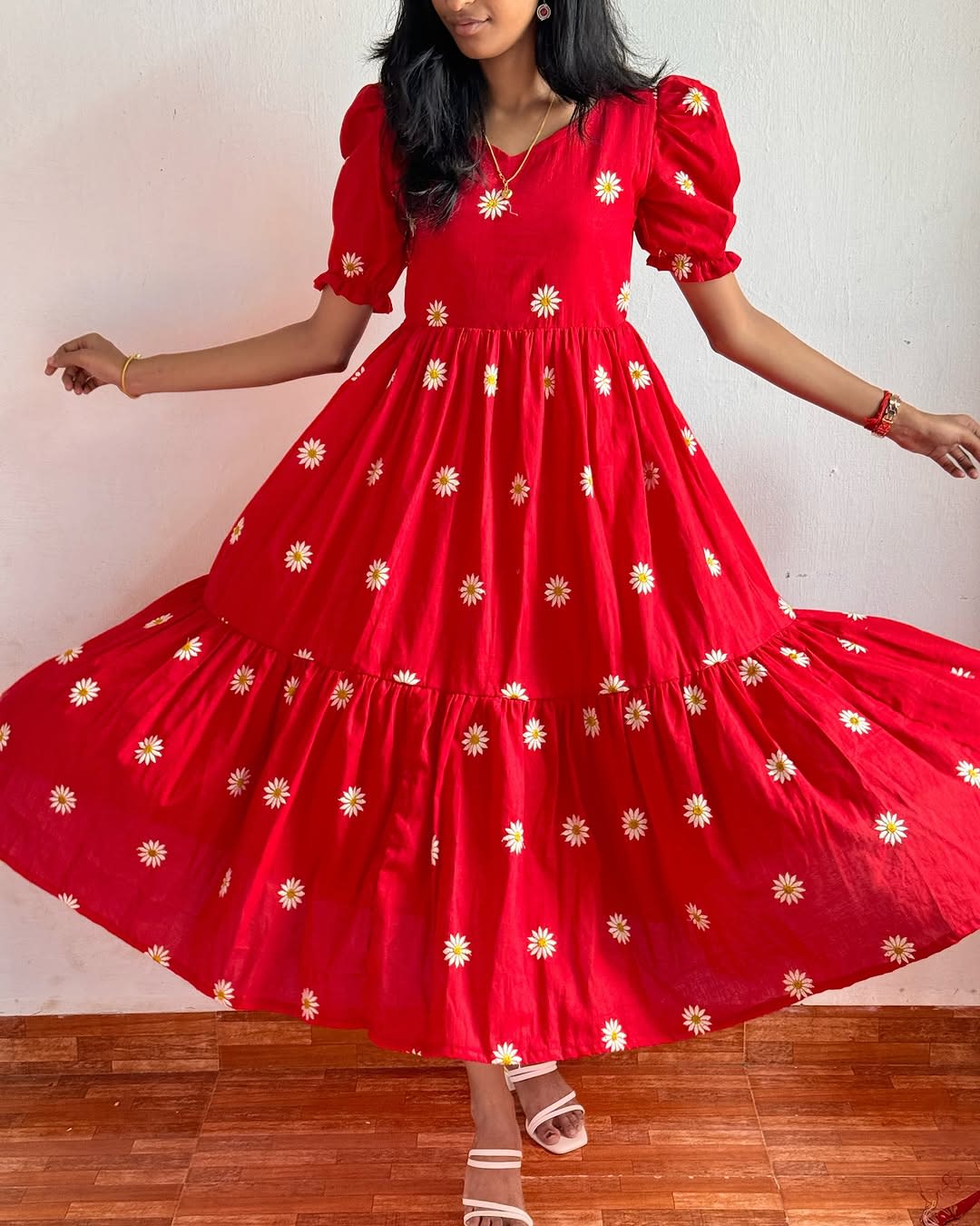 Red Midi Cotton Casual Dress for women