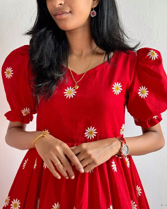 Red Midi Cotton Casual Dress for women