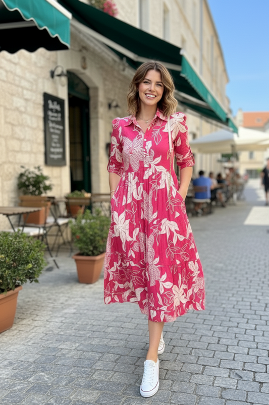 Rani Pink Floral Print Collared Tiered Midi Dress