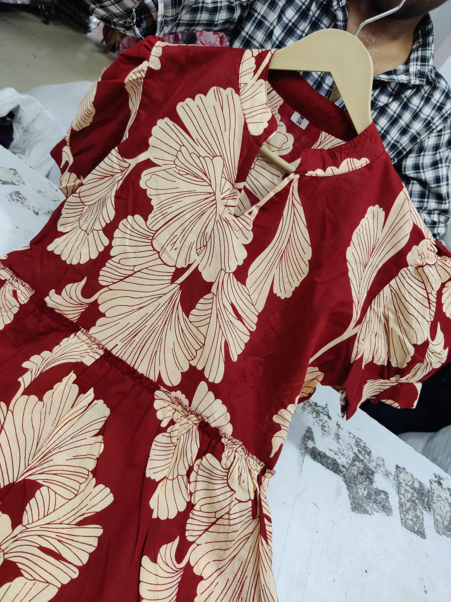 Women's Maroon & Cream Botanical Leaf Print Tiered Cotton Midi Dress with Puff Sleeves