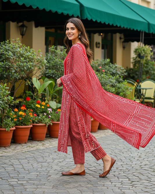 Festive Red: Premium Cotton Straight-Cut Kurta Set with Bandhej-Inspired Print & Dupatta