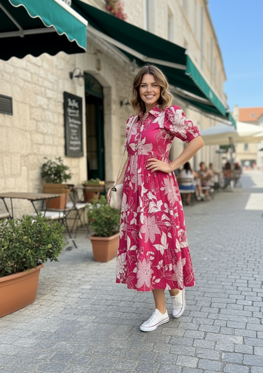 Rani Pink Floral Print Collared Tiered Midi Dress
