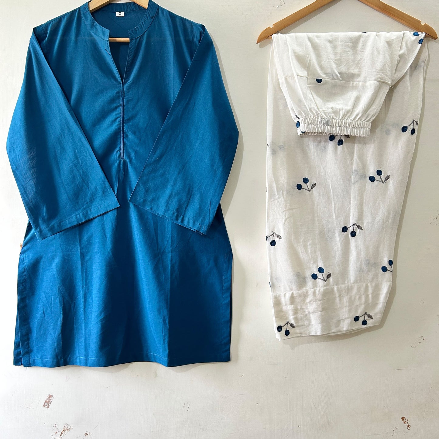 Royal Blue Straight Kurti with Blueberry-Embroidered Cream Wide-Leg Pants