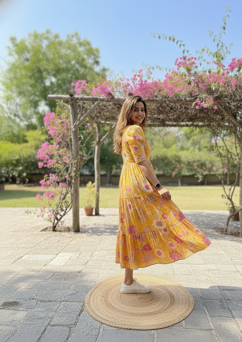 Yellow Floral Cotton Midi Dress for women