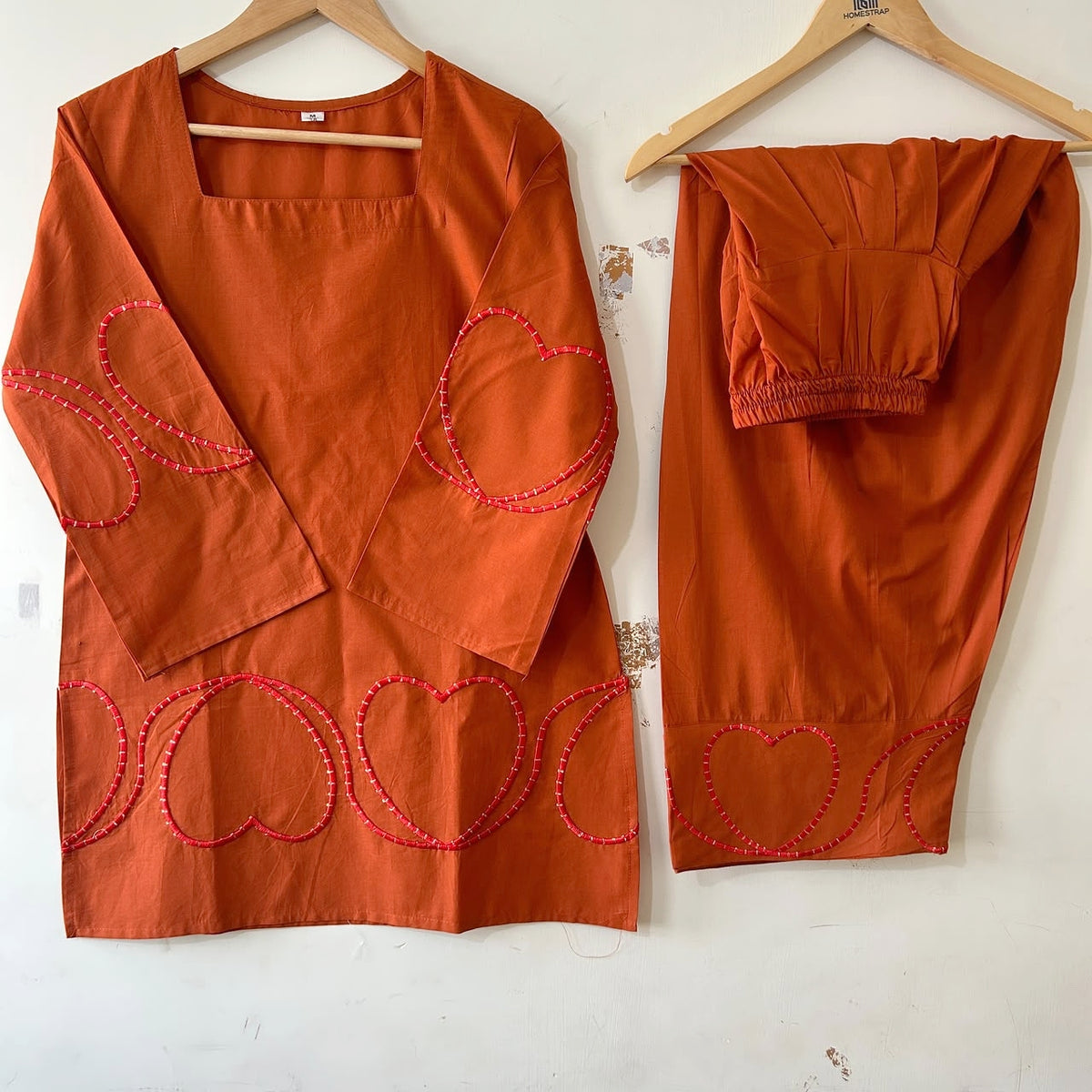 Rust Brown Heart Embroidered Cotton Short Kurti with Farshi Salwar Set