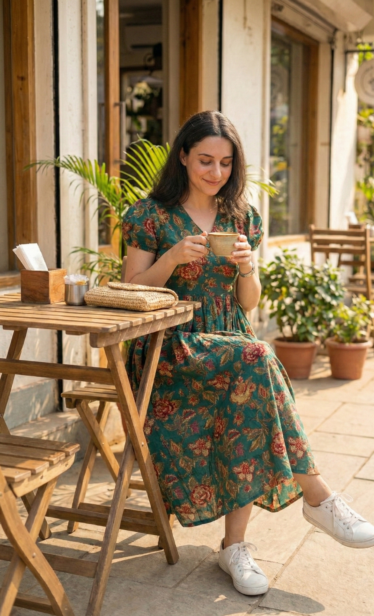 Women's Green Floral Print Midi Dress with Puff Sleeves and V-Neck