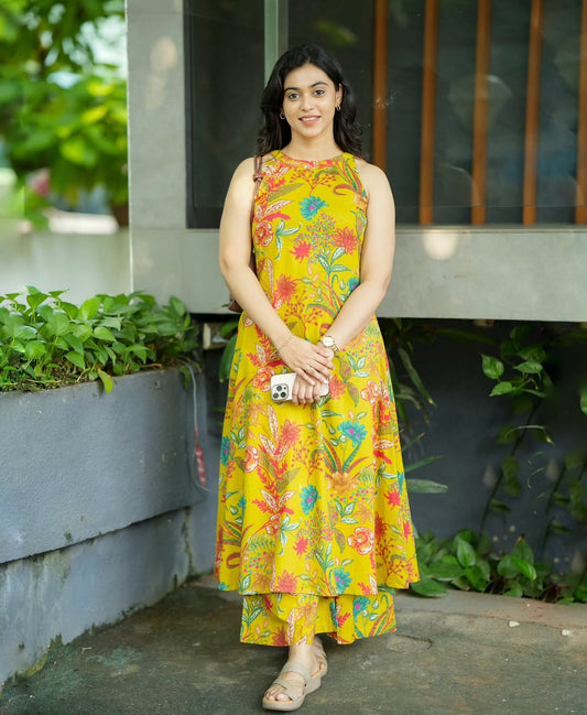 Tropical Sunshine: Bright Yellow Floral Print Sleeveless Kurta Set