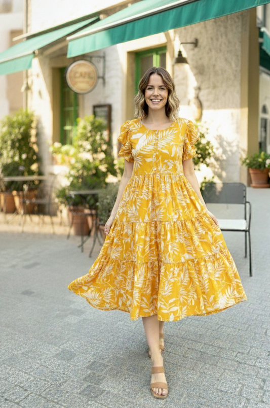 Trendy Yellow Leaf Print Tiered Midi Dress for Women | Stylish A-Line Summer Dress