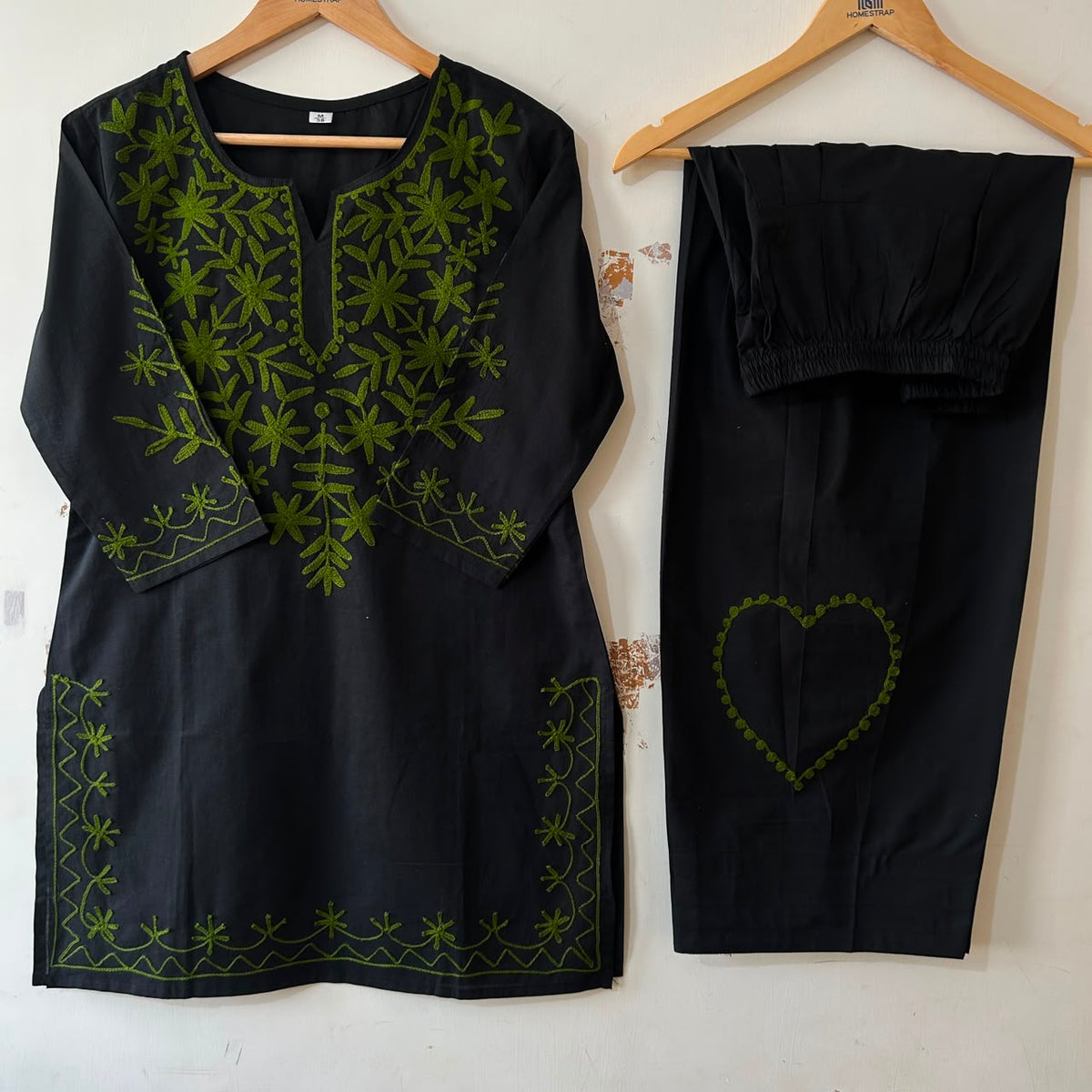 Black & Neon Green Embroidered Cotton Short Kurti with Farshi Salwar Set