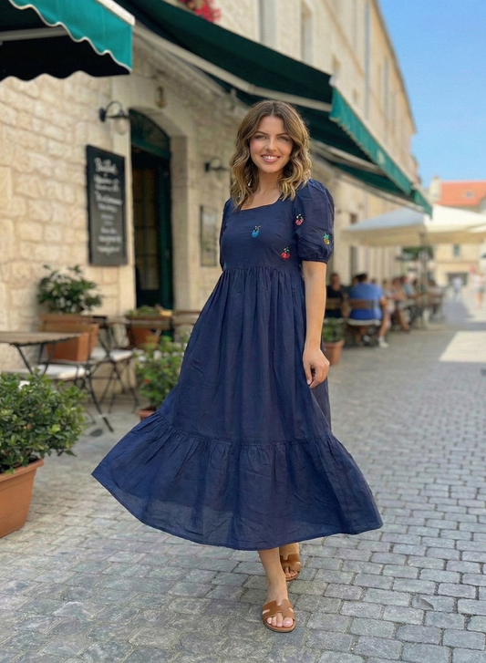 Navy Blue Tiered Midi Dress with Puff Sleeves & Embroidery