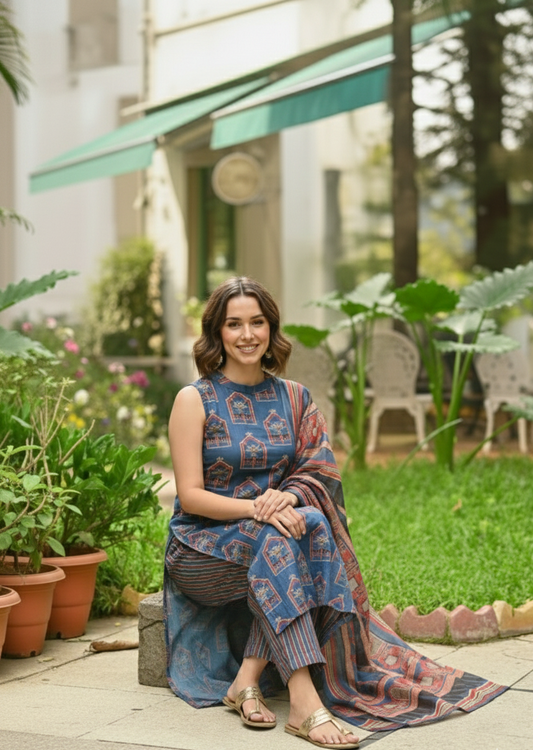 Elegant Blue Kalamkari Printed Kurta Set with Dupatta