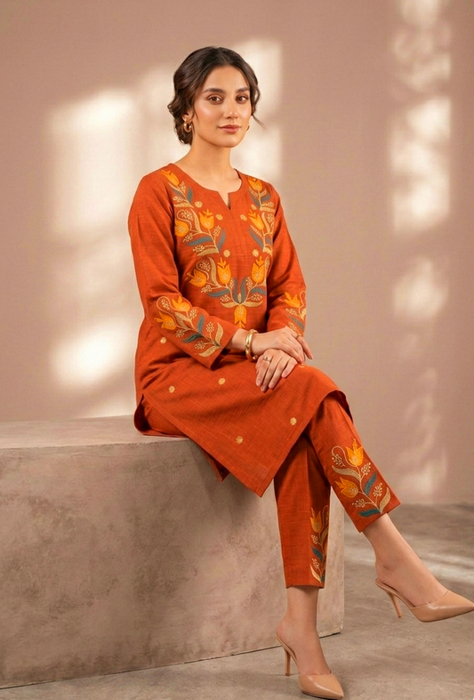 Vibrant Terracotta Tulip Aari Work Kurta & Pant Set