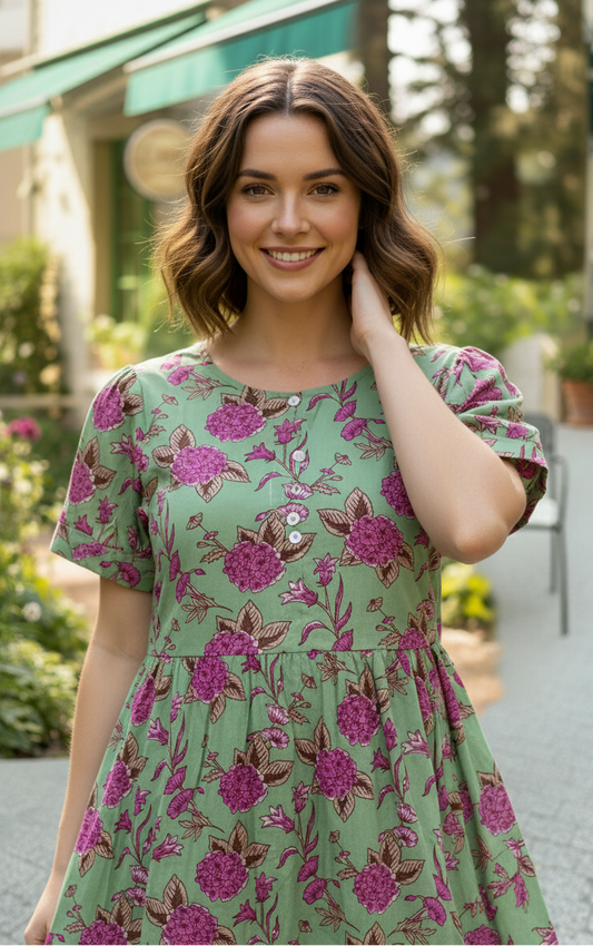 Women's Mint Green Floral Print Tiered Midi Dress | Stylish Puff Sleeves Summer A-Line Dress