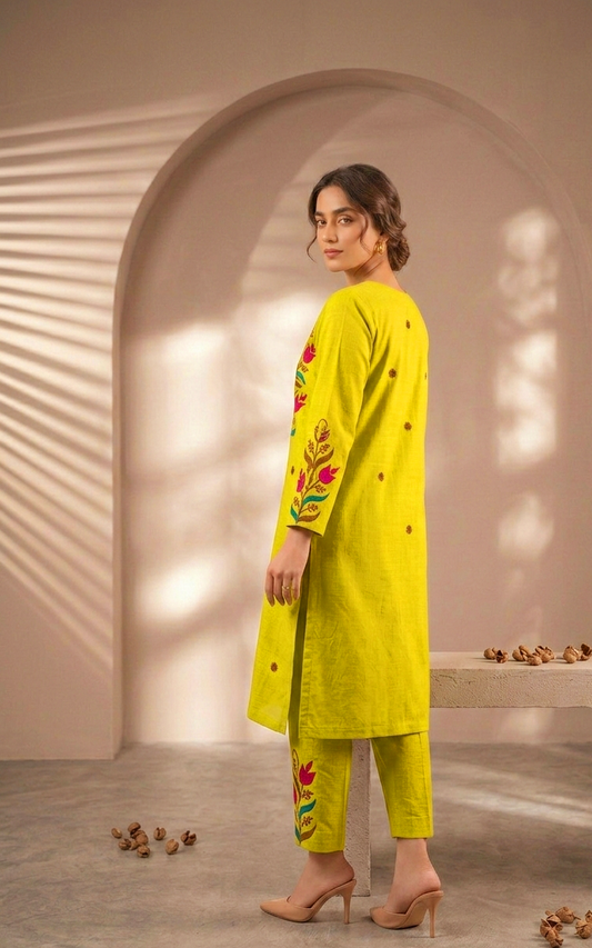 Vibrant Lime Green Tulip Aari Work Kurta & Pant Set