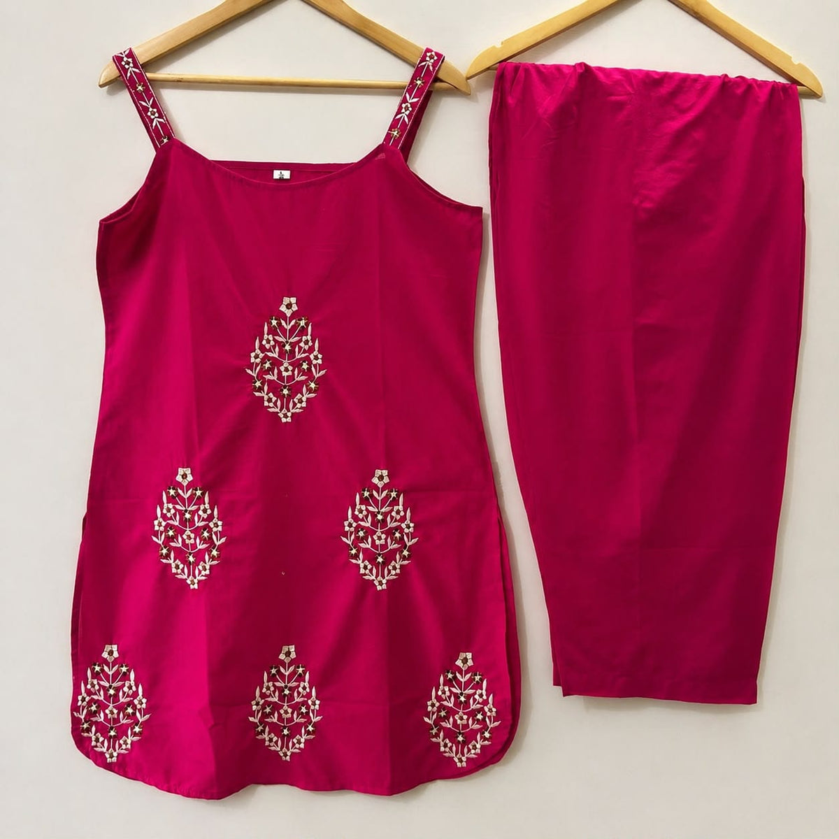 Hot Pink Embroidered Strappy Sleeveless Kurti with Salwar & Dupatta Set