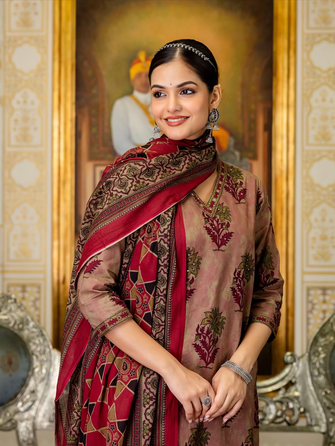 Elegant Mauve and Maroon Floral Block Print Kurta Set