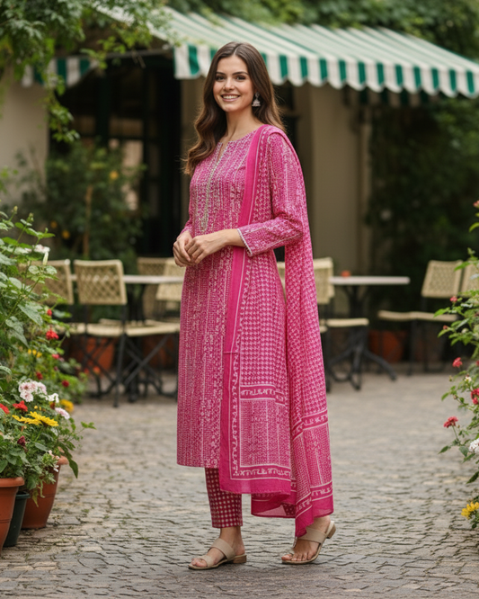 Rani Pink: Fine Printed Straight-Cut Kurta Set in Pure Cotton with Lace Detailing & Dupatta