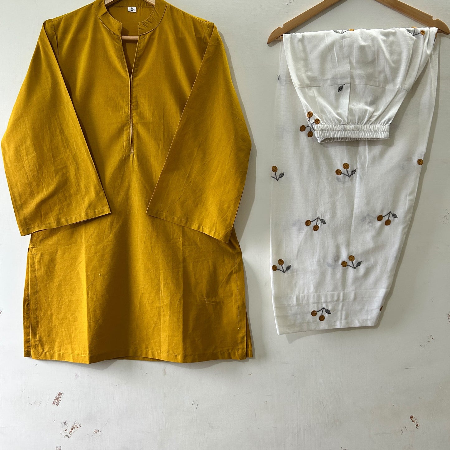 Mustard Yellow Straight-Cut Kurti with Embroidered Floral Palazzo Trousers