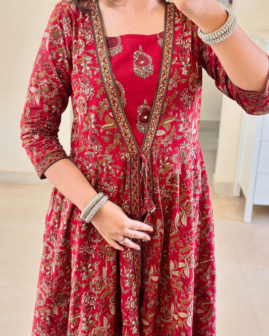 Festive Fusion: Red Block Print Anarkali Set with Flared Jacket & Layered Kurta