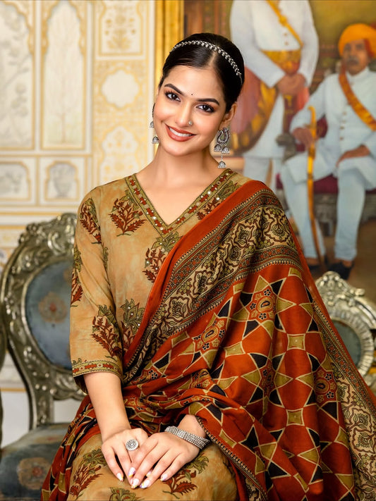 Traditional Mustard and Rust Floral Block Print Kurta Set