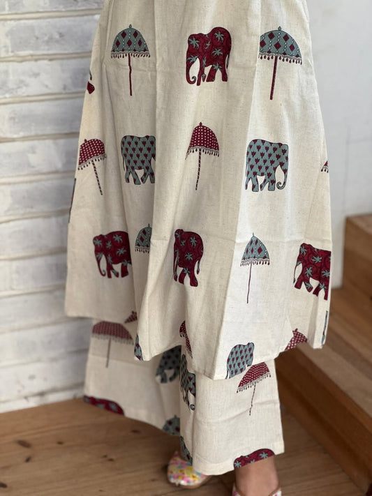 Women's Off-White Elephant Print Sleeveless A-Line Kurta with Palazzo Set
