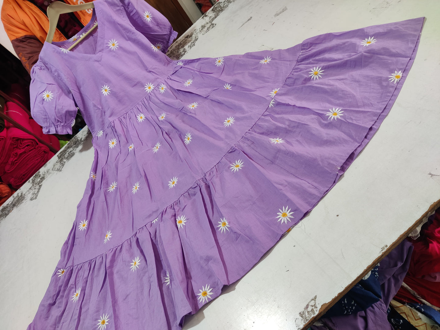 Lavender Daisy Embroidered V-Neck Tiered Midi Dress with Puff Sleeves