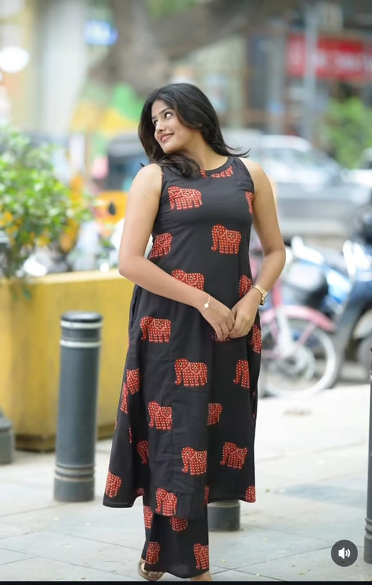 Heritage Parade: Black Sleeveless Kurta Set with Red Elephant Motifs