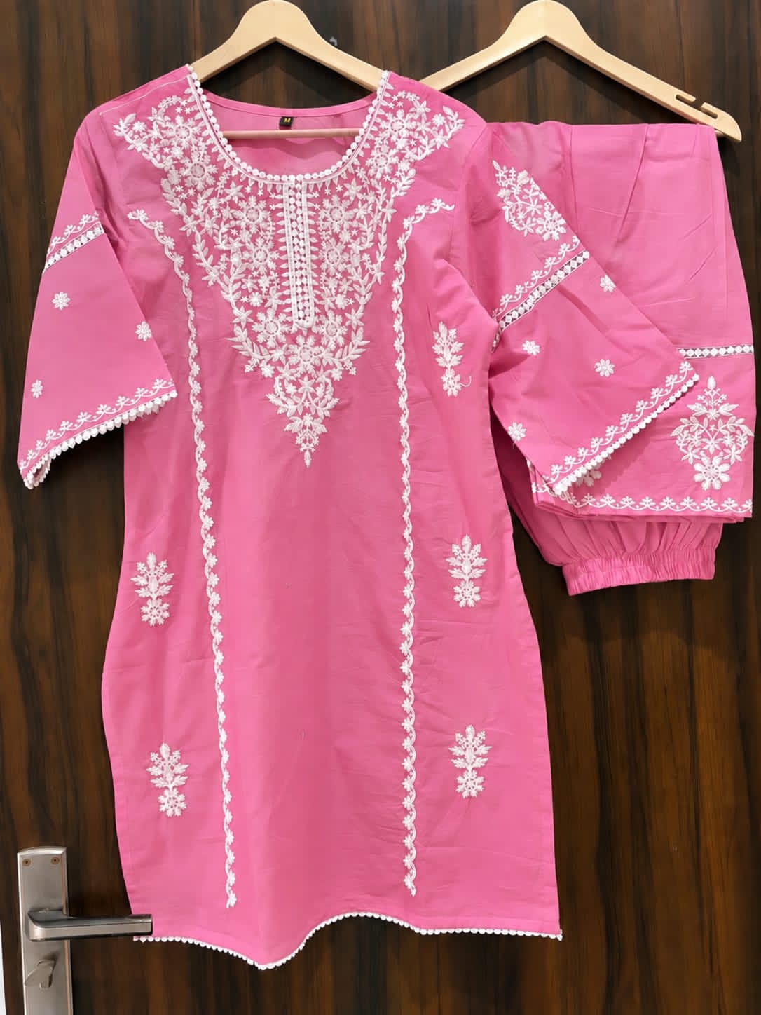 Candy Pink Chikankari Embroidered Cotton Kurta Set with Pant & Dupatta